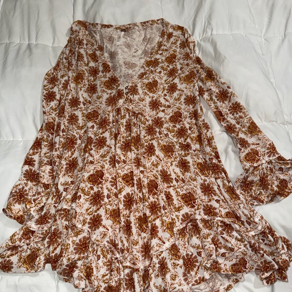 Free People Cream Floral V-Neck Tunic with Brown Print